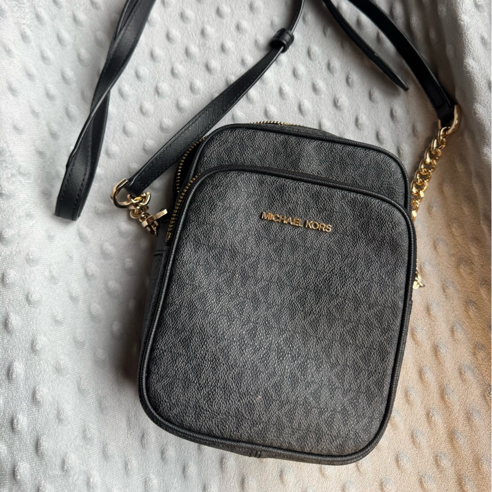 Michael Kors Black Pebbled Leather Crossbody with Gold Accents